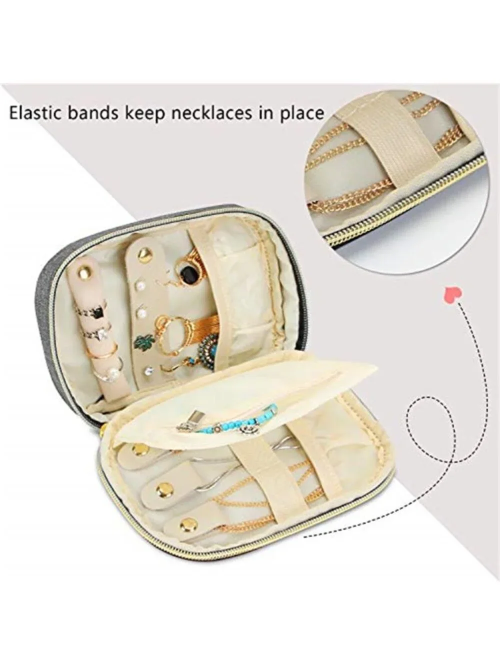 Small Gray Jewelry Travel Case Organizer Bag Necklace Ring Earring Holder Zip